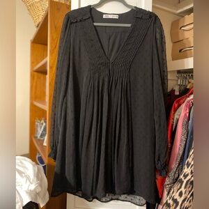 Zara XL Black Pleated V-Neck Baby Doll Dress